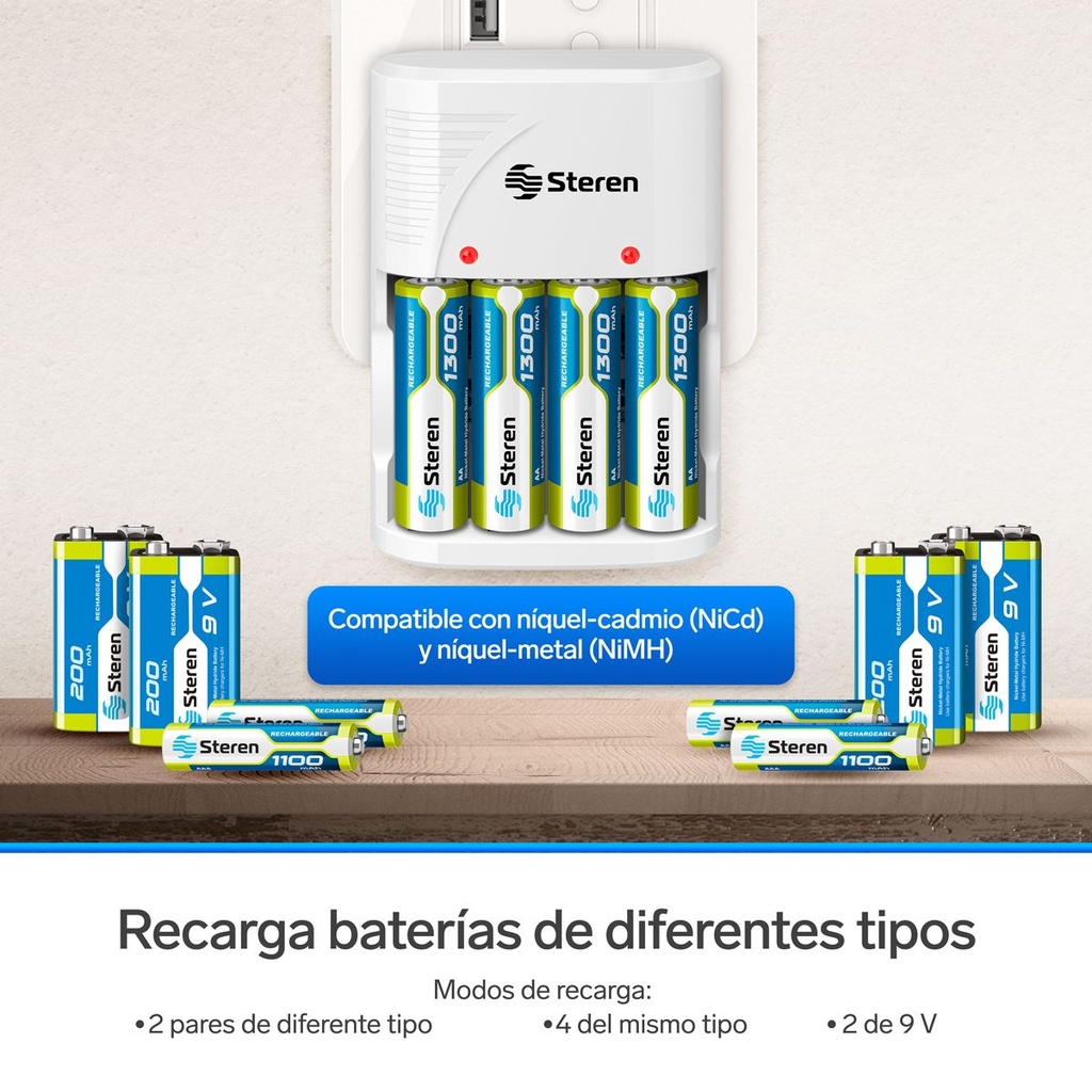 Cargador de Baterías AA, AAA y 9V Steren CRG-020