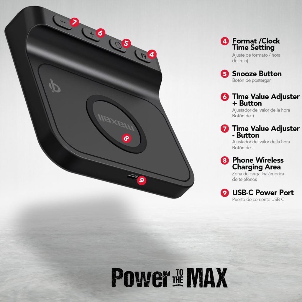 Cargador Inalámbrico Maxell QIAC-115 con Reloj Despertador