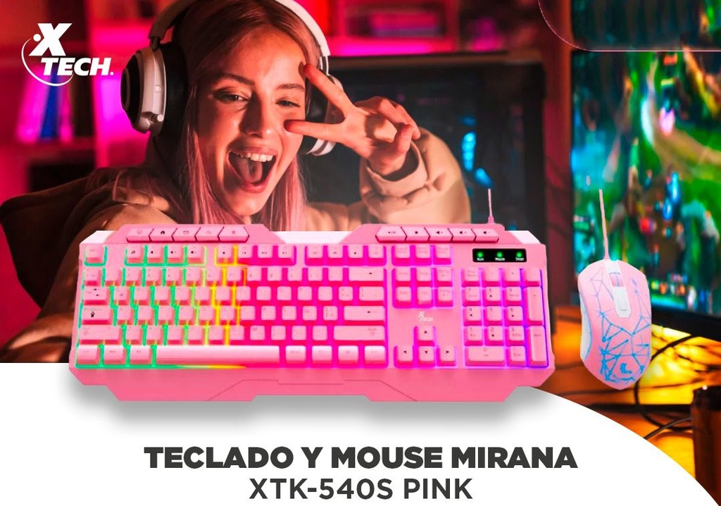 Teclado + Mouse Multimedia RGB Gamer Xtech Mirana Color Rosado