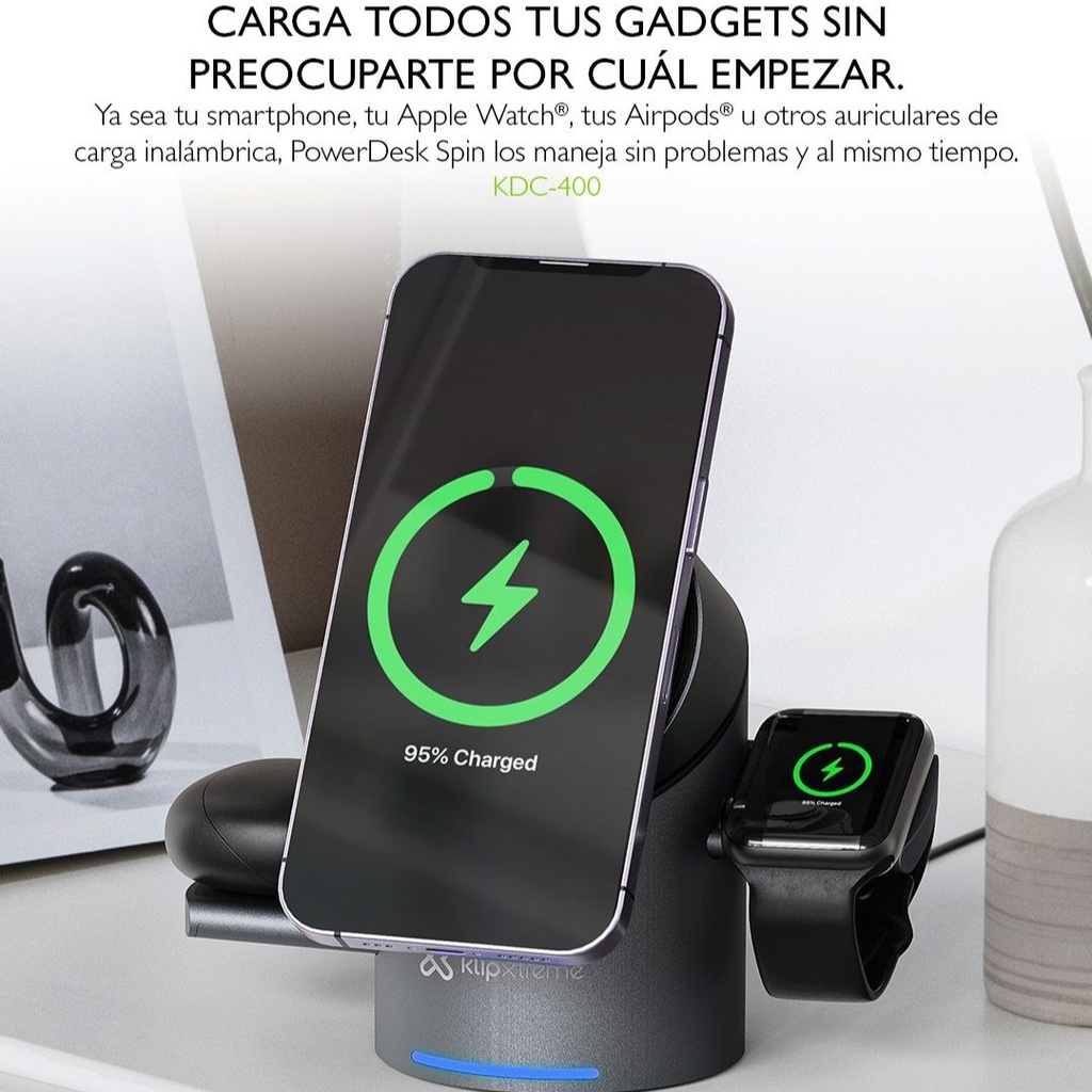Estación de Carga Inalámbrica 3 en 1 Klip Xtreme PowerDesk Spin para Smartphone/Audífonos/Smartwatch