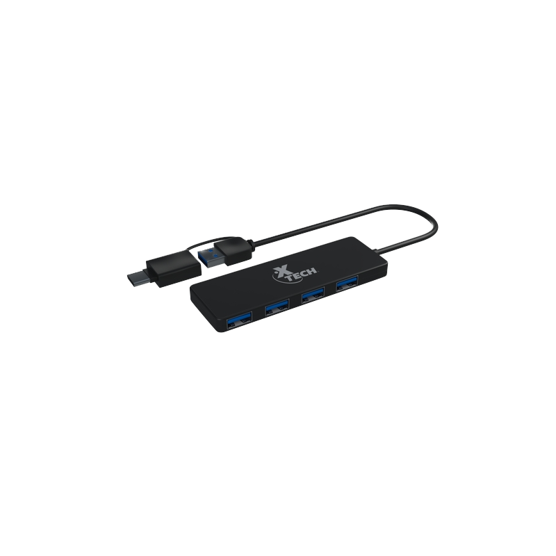 Hub Concentrador de 4 Puertos USB-A 3.0 Xtech de Color Negro con Adaptador de USB-C