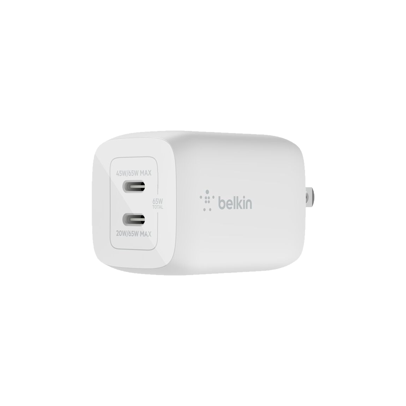 Adaptador de Corriente Belkin Gan Con Doble Puerto USB-C de 65 Watts de Color Blanco