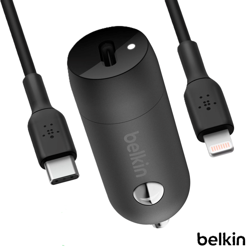 [CCA004bt1MBK] Cargador Belkin BoostCharge de 30 Watts + Cable Lightning a USB-C para Automóvil