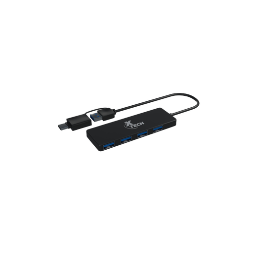 [XTC-390] Hub Concentrador de 4 Puertos USB-A 3.0 Xtech de Color Negro con Adaptador de USB-C