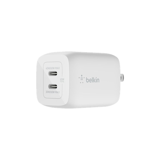 [WCH013dqWH] Adaptador de Corriente Belkin Gan Con Doble Puerto USB-C de 65 Watts de Color Blanco